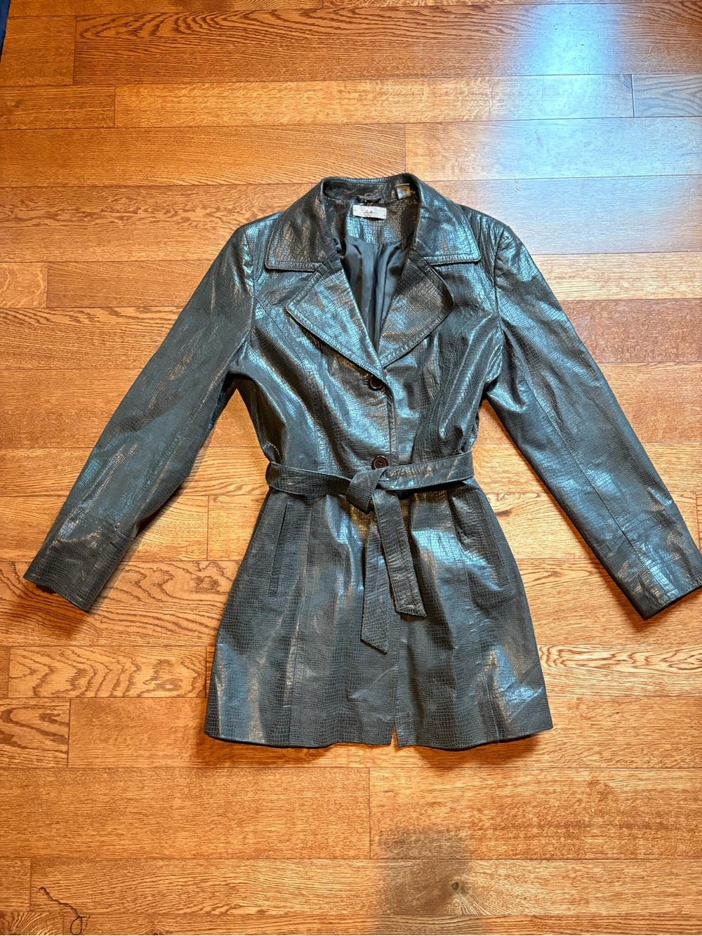 Womens Faux Leather Belted Trench Coat